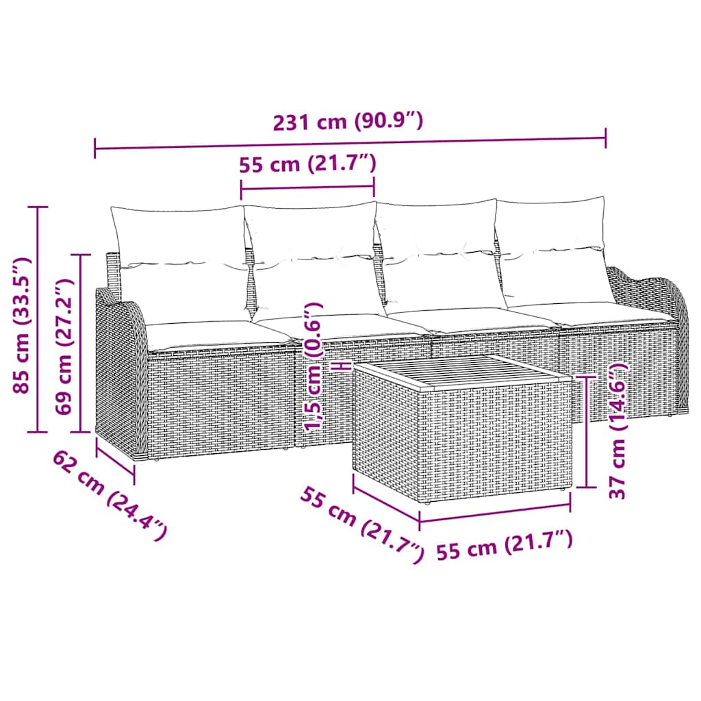 Garten-Sofa-Set 5 pcs Schwarz und Creme 55 x 55 x 37 cm